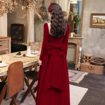 Toast bride autumn Burgundy engagement dress usually wear velvet long sleeves back to the door