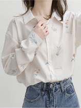 Printed chiffon white shirt female design sense niche spring and autumn long sleeve chic jacket Joker cold style shirt