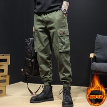 Autumn and winter plus velvet overalls mens Tide brand bunches feet loose Yu Wenle thick size Joker military green casual pants