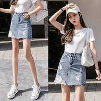 High waist anti-light hole denim short skirt female skirt Xia Xian thin a-line bag arm all-match skirt bag hip skirt 