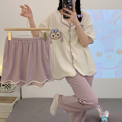 taobao agent Cute pijama, summer set, autumn cardigan, with short sleeve, three piece suit