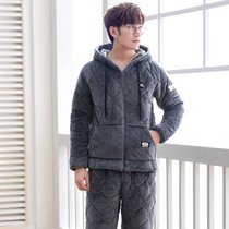 Mens pajamas winter thickened velvet coral velvet cotton three-layer autumn winter zipper can be worn outside home suit suit
