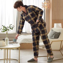 Mens pajamas autumn and winter thick cotton 2021 New New New Large size cotton cotton plaid home suit set