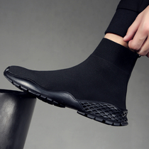 Socks Shoes Men High Help Summer Breathable Sail Fabric Shoes Knit Shoes Han Edition Flying Weave Casual Shoes Elastic Black Tide Shoes