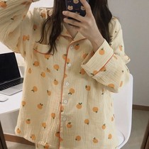 Bubble baby cotton breathable pajamas female spring summer and autumn students Korean orange print cute long sleeve trousers home wear