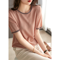 The Smiling Culvert Penthouse Slim pro-skin wool gold silk round collar short sleeve needle weasel-shirt T-shirt female spring and summer new ZY358133MG
