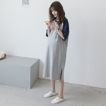 Pregnant women summer clothes Medium-long pregnant long knee-length dress Cotton loose Korean casual T-shirt skirt