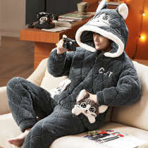 Pajamas mens three layers of thick cotton and velvet cartoon coral velvet flannel home clothing autumn and winter winter