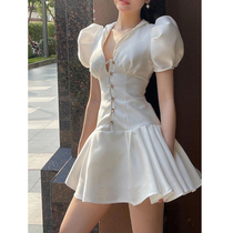 2022 Summer new French style design Feeling Little Crowdsourced with white Bubble Sleeves Dress and Dress Small Dress
