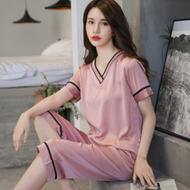 Pajamas womens summer ice silk three-point pants thin suit summer silk net red explosion of high-end sense 2021 new