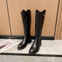 WUXIE Paris style niche black fashion round head boots women thick heel warm back zipper high boots