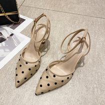 I break pastoral wind retro wave dot lady word buckle belt cool XIE Pointed high heel XIE thin heel single XIE