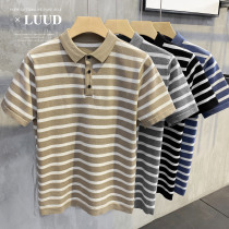 LUUD summer slim knit sweater trend retro English lapel short sleeve casual breathable body shirt top men