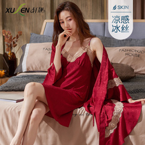 Ice silk sleepwear female harnesses sleeping robes Long sleeves Spring and fall Sleeping dress Two sets of silk red Home Suits Summer Big