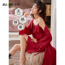 This Life Year Sleepwear Woman Sexy Spring Fall Thin style cotton linen harnesses sleeping skirts two sets of red bridal pajamas