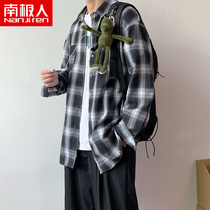 Antarctic plaid shirt mens long sleeves spring and autumn Korean trend loose harbor style casual shirt coat mens clothing