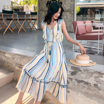 Rsemnia Womens 2021 Summer Dress Korean Stripe Dress Skinny Seaside Resort Dress Tide