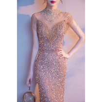 High-end evening dress dress female banquet temperament tassel host long sequin celebrity noble light luxury minority fishtail