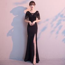 Banquet evening dress female 2021 new black temperament host long section light luxury niche high-end fishtail dress