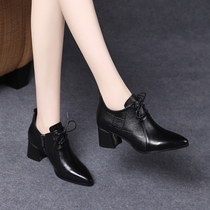 2021 new spring and autumn womens shoes leather lace leather shoes womens middle heel deep mouth single shoes autumn and winter soft leather high heel shoes