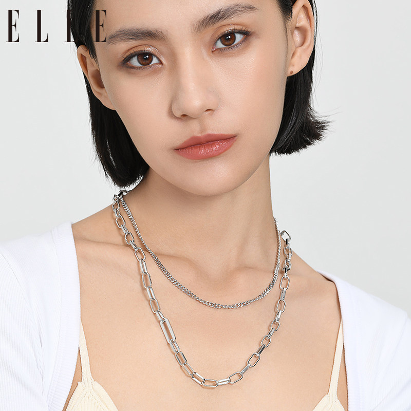 elle高光系列回形针项链叠戴十字链古巴链银色轻奢小众生日礼物 实付