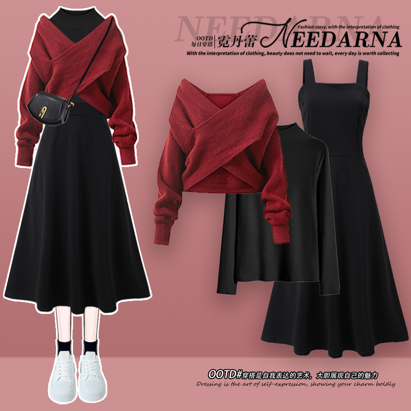 ヘボン式スタイル体型見せドレス 2024 年初春の新しい女性の赤いセーター ソルト スタイル スリーピース スーツ