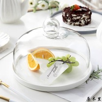 Fruit try tray with lid bread tray cake pan ceramic dish dessert table display stand fresh-keeping dust glass cover