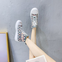  High-top canvas shoes summer womens 2021 new wild thick-soled breathable board shoes national style sports and leisure single shoes autumn
