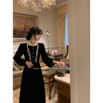 Big Eeees poetry meets autumn boat Lace doll collar Hepburn style small black dress long sleeve velvet dress autumn new