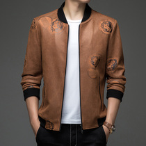 2021 autumn new mens jacket casual short fashion leather jacket mens leather jacket baseball collar print jacket tide