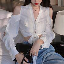 V-neck shirt new summer sexy off-shoulder long sleeve top design sense niche short single-breasted Shirt womens clothing