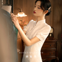 Man Tingfang (You Tan) 2021 new young summer white modified version of the cheongsam collar dress dress