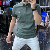 Lapel POLO shirt T-shirt mens trendy brand embroidered cotton and linen half-sleeved solid color mens thin short-sleeved summer top clothes
