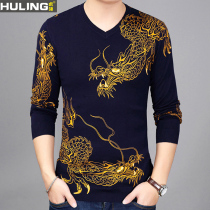 Spring and Autumn Thin V Collar Knitted Sweater Chinese Dragon Pattern Long Sleeve base shirt Chicken Heart Collar Clothes