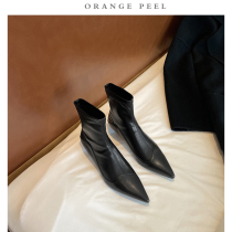 Orange leather CHENID pointed short boots female 2021 autumn and winter New low heel soft leather slim boots and nude boots