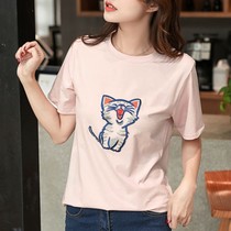 Pure cotton short-sleeved T-shirt womens loose Korean cat embroidery base shirt Student cute and versatile thin top T-shirt