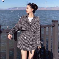Small autumn and winter houndstooth black trench coat double-breasted womens short classic casual loose thin thin coat