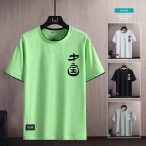 Short Sleeve Fake Two Pure Cotton National Tide T-shirt Clothes Ins Port Wind Tide Tide Card Teens 100 Hitch Bottom Jersey Tide