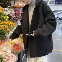 Hooded woolen coat mens autumn and winter tide brand all-match solid color jacket Hong Kong style loose short warm woolen coat