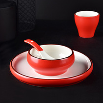 New Chinese big red ceramic setting four pieces of fashion restaurant desktop dish suite to logo one person food