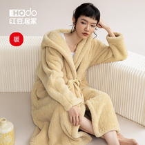  (Warm feeling)Coral velvet nightgown womens long red bean thickened flannel womens hooded bathrobe home service autumn and winter