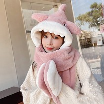 Japanese shark mouth three-piece rabbit plush hat children autumn and winter cute ear protection hooded hooded neck hat hand