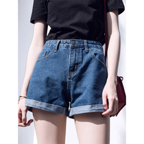 A word thin and versatile mid-rise hot pants summer new thin loose pants wide-leg crimped denim shorts womens trend