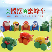 Wooden cartoon animal twisted worm trailer car 1-3 years old male and female baby early education toddler drawstring toy car