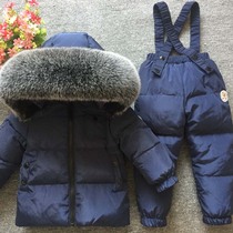 Winter new childrens down jacket set baby baby padded pants boys and girls raccoon hair ski suit