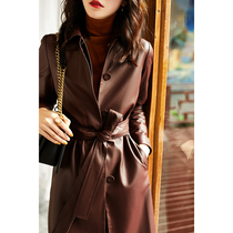 Wine red sheep leather leather jacket womens coat spring and autumn cotton winter velvet thick medium long windbreaker autumn