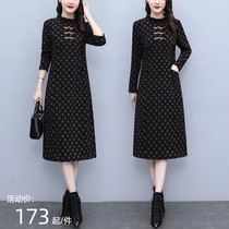 womens modified cheongsam autumn winter fleece thick bottoming floral large size black long dress