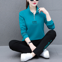 Sports suit women spring and autumn 2021 new brand fashion loose foreign style standing collar tide brand casual wear two-piece set