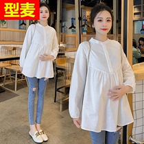 Pregnant women cotton linen fashion white shirt 2021 spring new long sleeve long shirt loose belly top