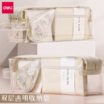 Deli double transparent pencil case large capacity female simple junior high school students high appearance high school students Japanese stationery bag stationery box ins tide girl exam special high school entrance examination triangle bag